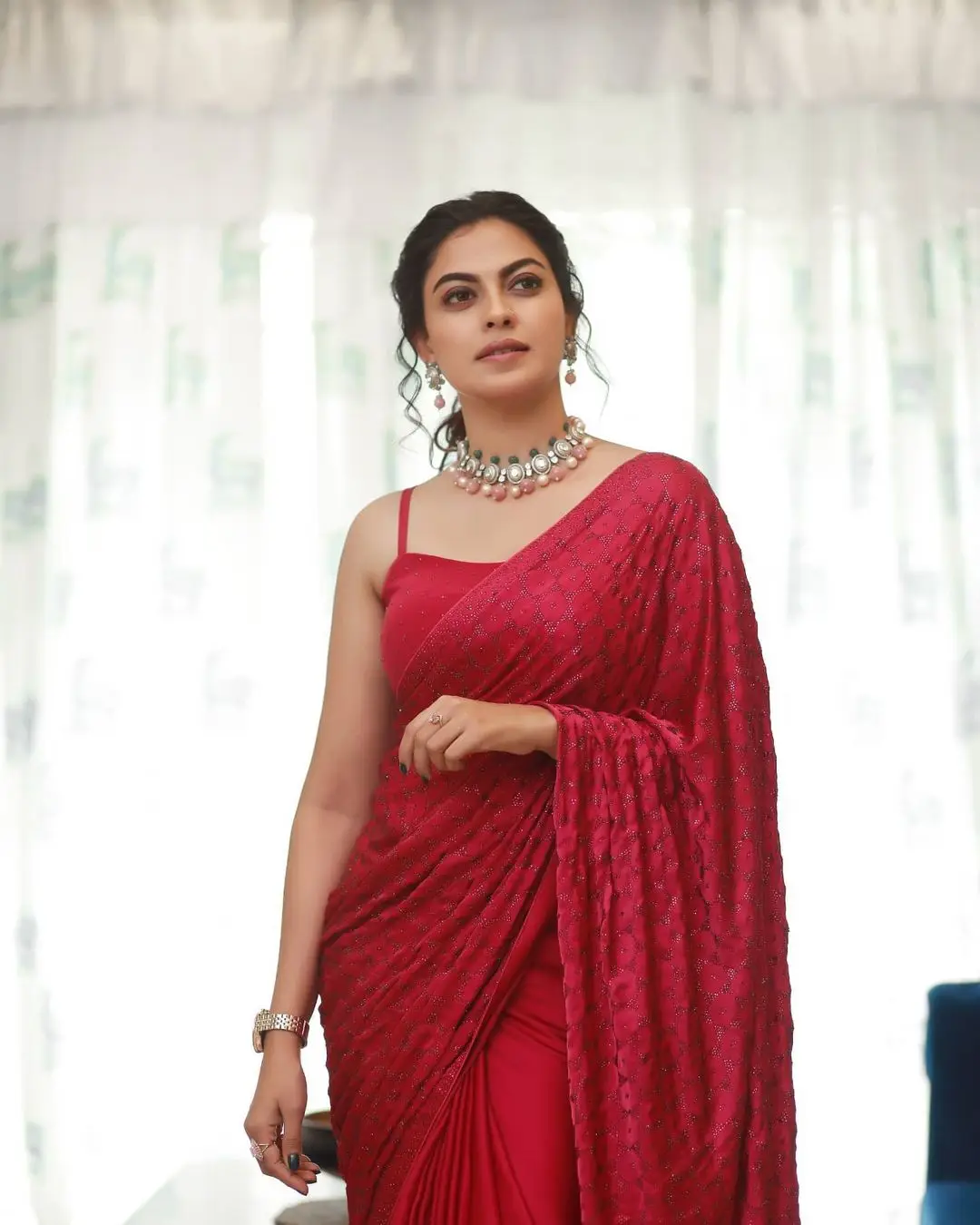 Malayalam Actress Anusree Nair in Maroon Saree Sleeveless Blouse